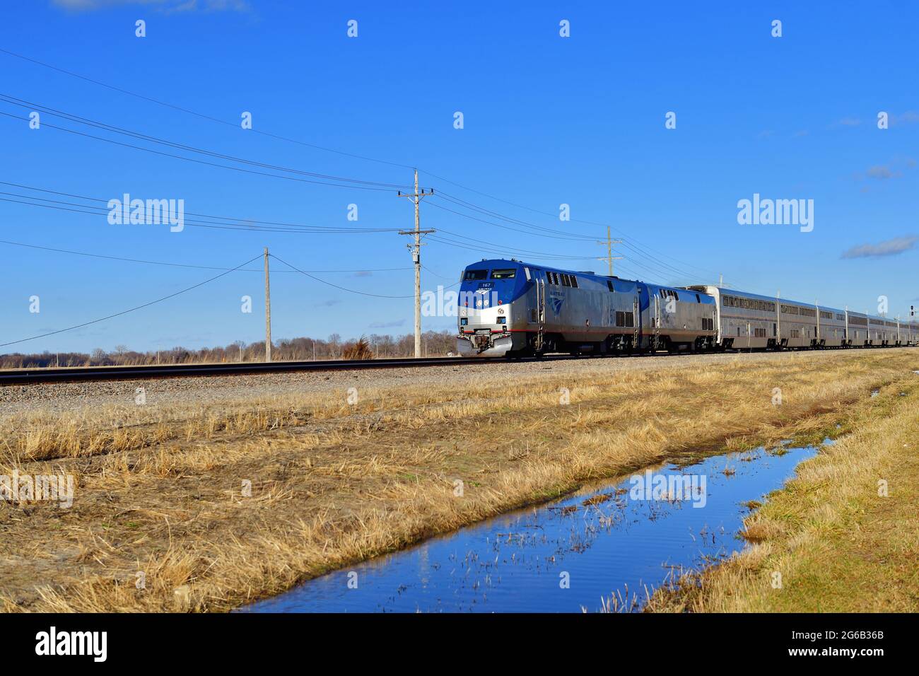 Earlville, Illinois, USA. A pair of Amtrak lead the