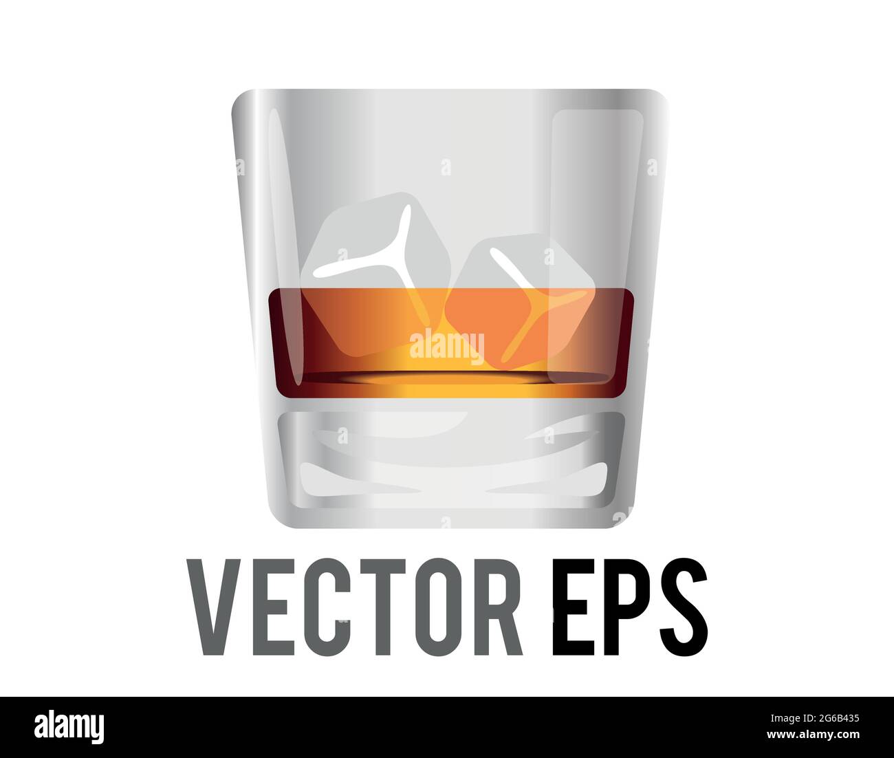 The isolated vector short flat tumbler glass of brown liquor Scotch whiskey icon with ice cube Stock Vector
