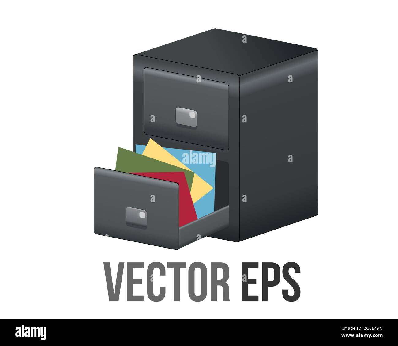 Vector classic office dark grey metal filling file cabinet icon with drawers, handles, and label holders, used to organize and store Stock Vector