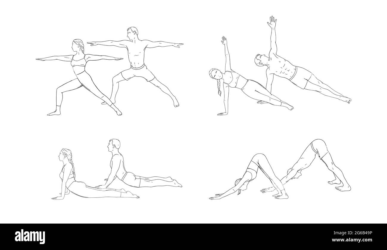 Yoga warrior, dog, cobra and side plank. Woman and man practicing strengthing yoga poses. Hand drawn vector illustration isolated on white background Stock Vector