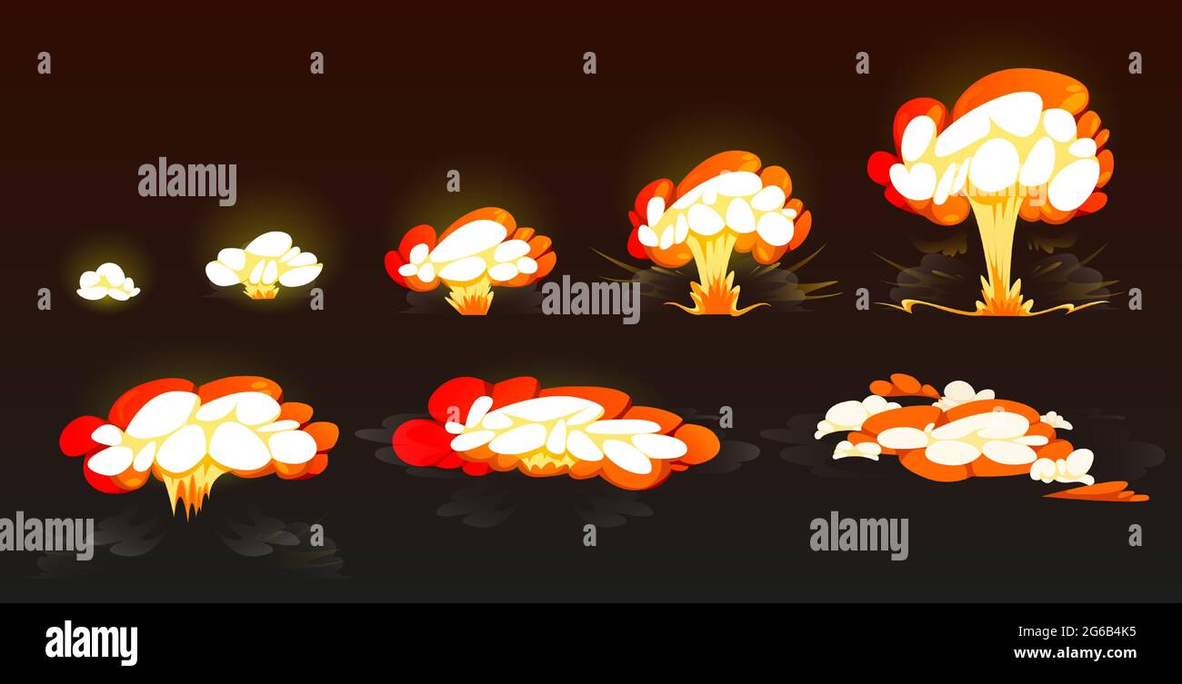 Cartoon bomb explosion storyboard, animation frame for mobile game. Nuclear cloud, boom effect, smoke. Dynamite explosive detonation, atomic fire motion isolated vector explode on black background Stock Vector