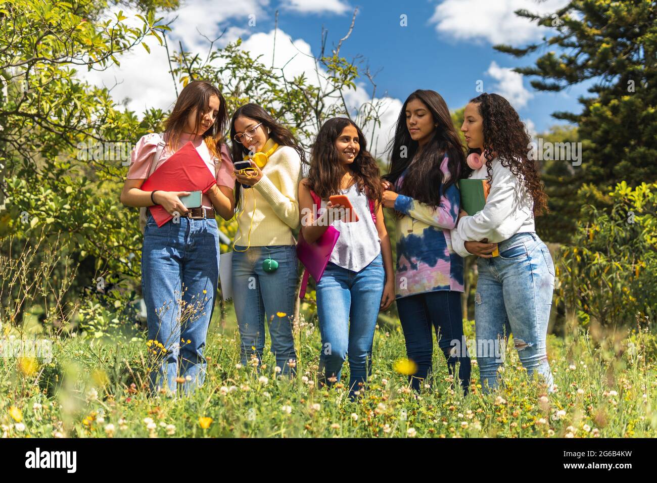 Group of Latina teen girl friends students interacting with their cell  phones in a park. Education and lifestyle concept Stock Photo - Alamy