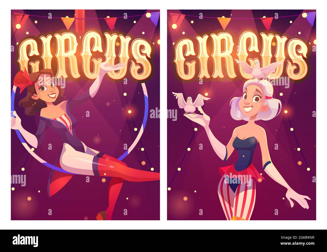 Circus cartoon posters for magic show performance. Big top tent artists  aerial gymnast girl and woman with doves. Carnival entertainment on stage,  Invitation flyers to funfair amusement vector banners Stock Vector Image