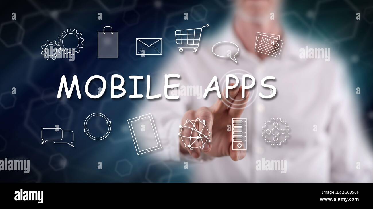 Man touching a mobile apps concept on a touch screen with his finger ...