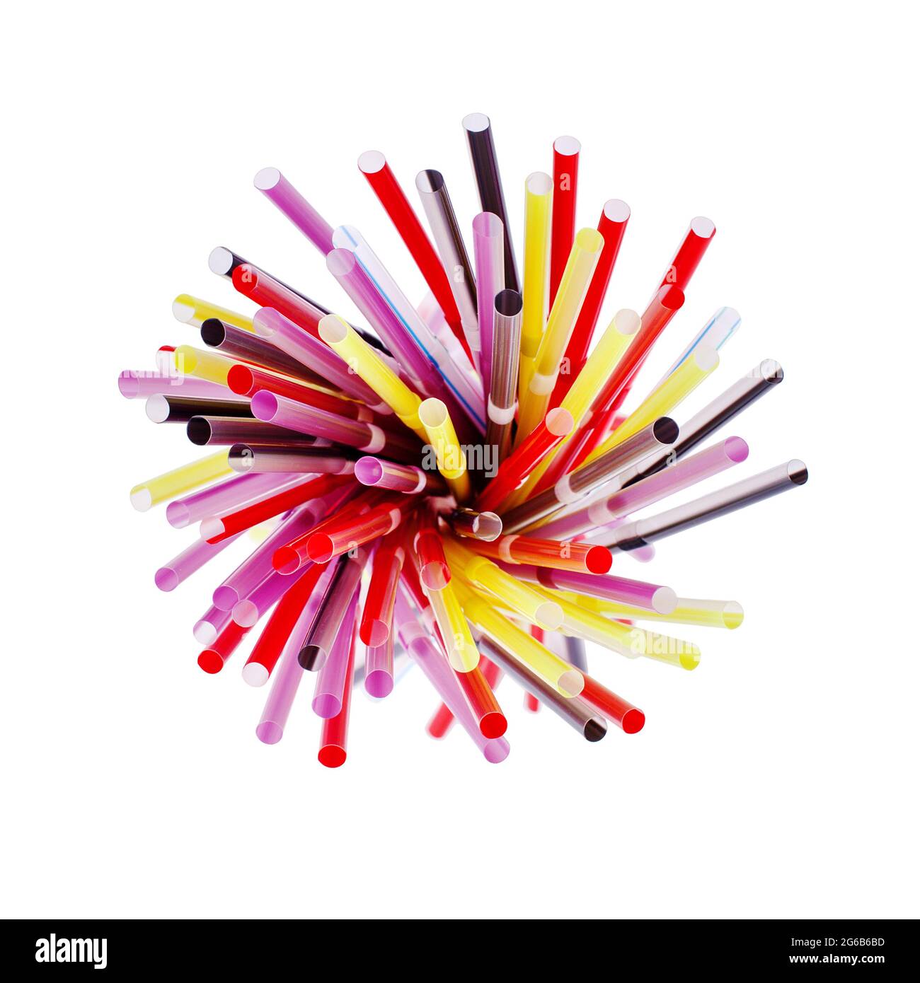 Colorful plastic cocktail straws, many plastic drinking pipes, plastic tubes for beverages on white background isolated closeup, bar tableware utensil Stock Photo