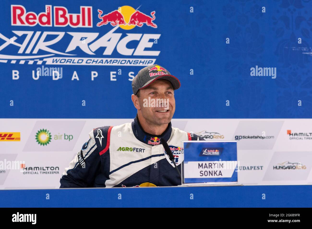 Budapest, Hungary - June 23, 2018: Martin Sonka smiling during press conference at Red Bull Air Race (The World Air Sports Federation event) Stock Photo