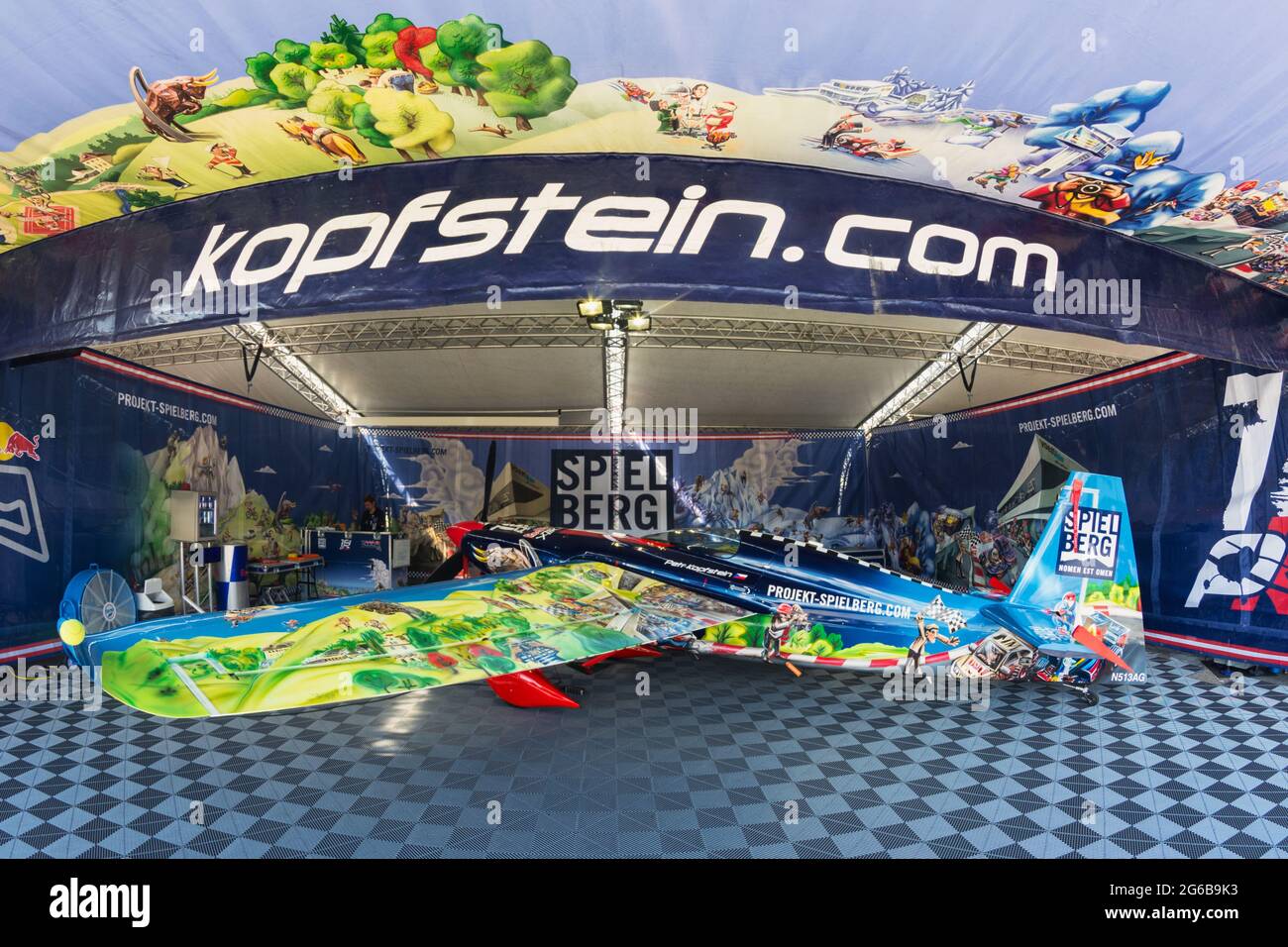 Budapest, Hungary - June 23, 2018: Colorful wing of Zivko Edge 540 used by Petr Kopfstein in race airport's hangar at Red Bull Air Race Stock Photo