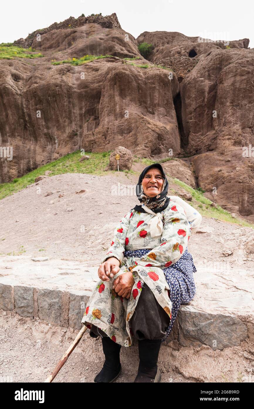 Local woman at Alamut Castle, Qazvin Province, Iran, Persia, Western Asia, Asia Stock Photo