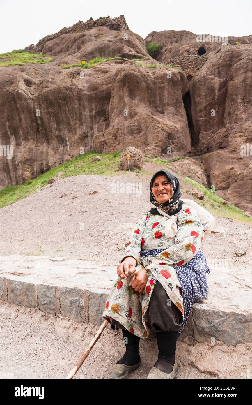 Local woman at Alamut Castle, Qazvin Province, Iran, Persia, Western Asia, Asia Stock Photo
