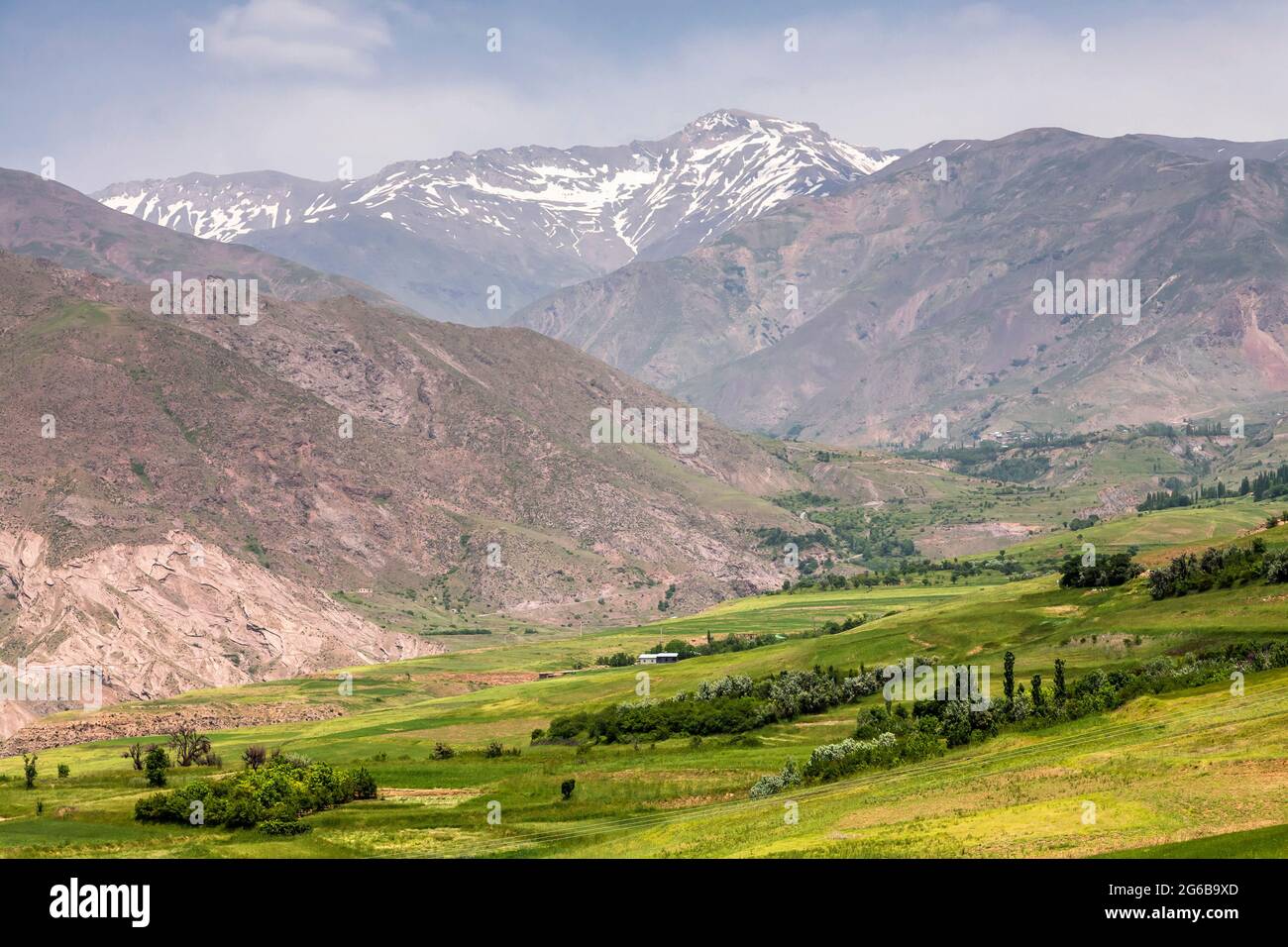 Fields and Alborz mountains, landscape of visiting Alamut Castle, Alamut, Qazvin Province, Iran, Persia, Western Asia, Asia Stock Photo