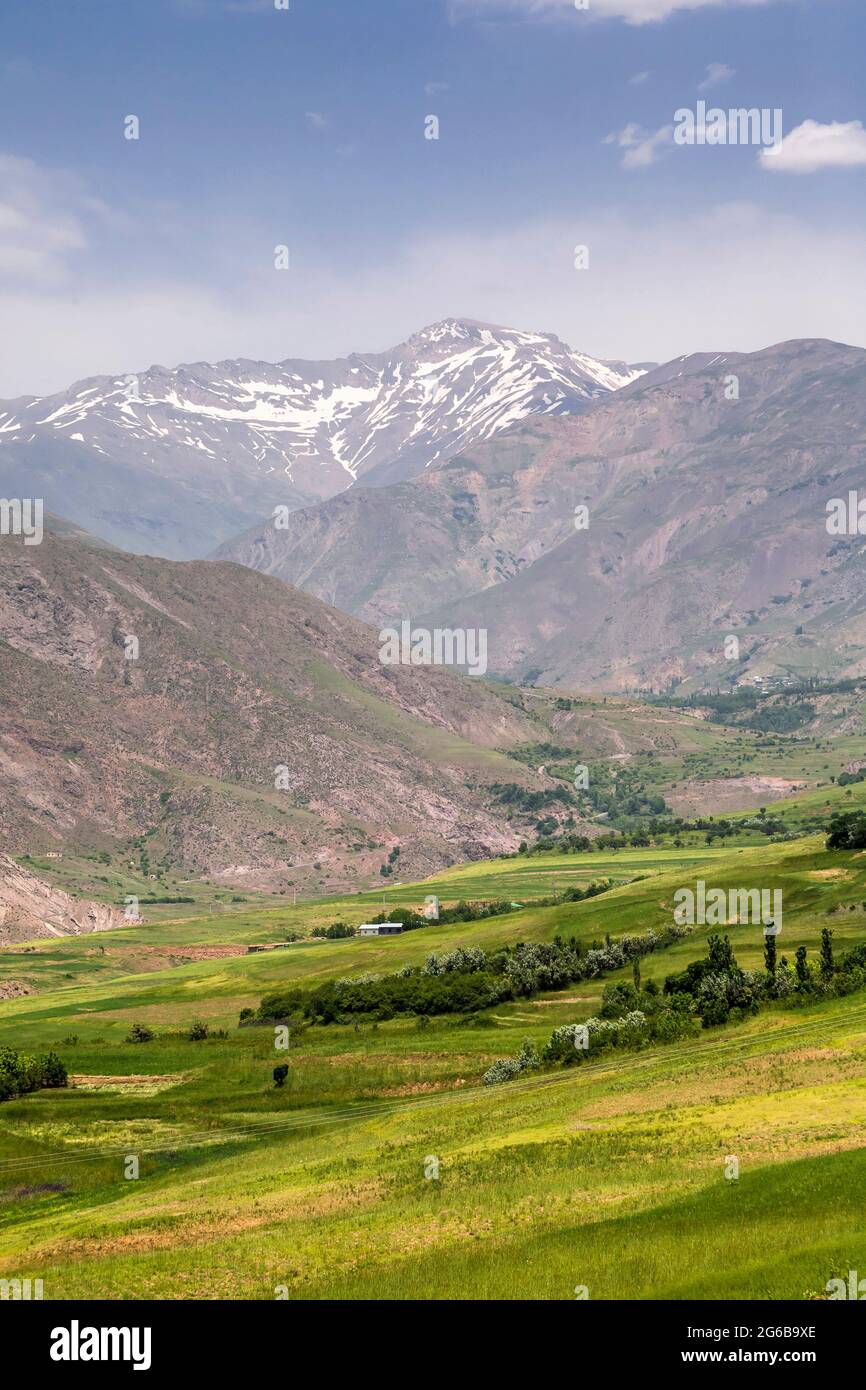 Fields and Alborz mountains, landscape of visiting Alamut Castle, Alamut, Qazvin Province, Iran, Persia, Western Asia, Asia Stock Photo