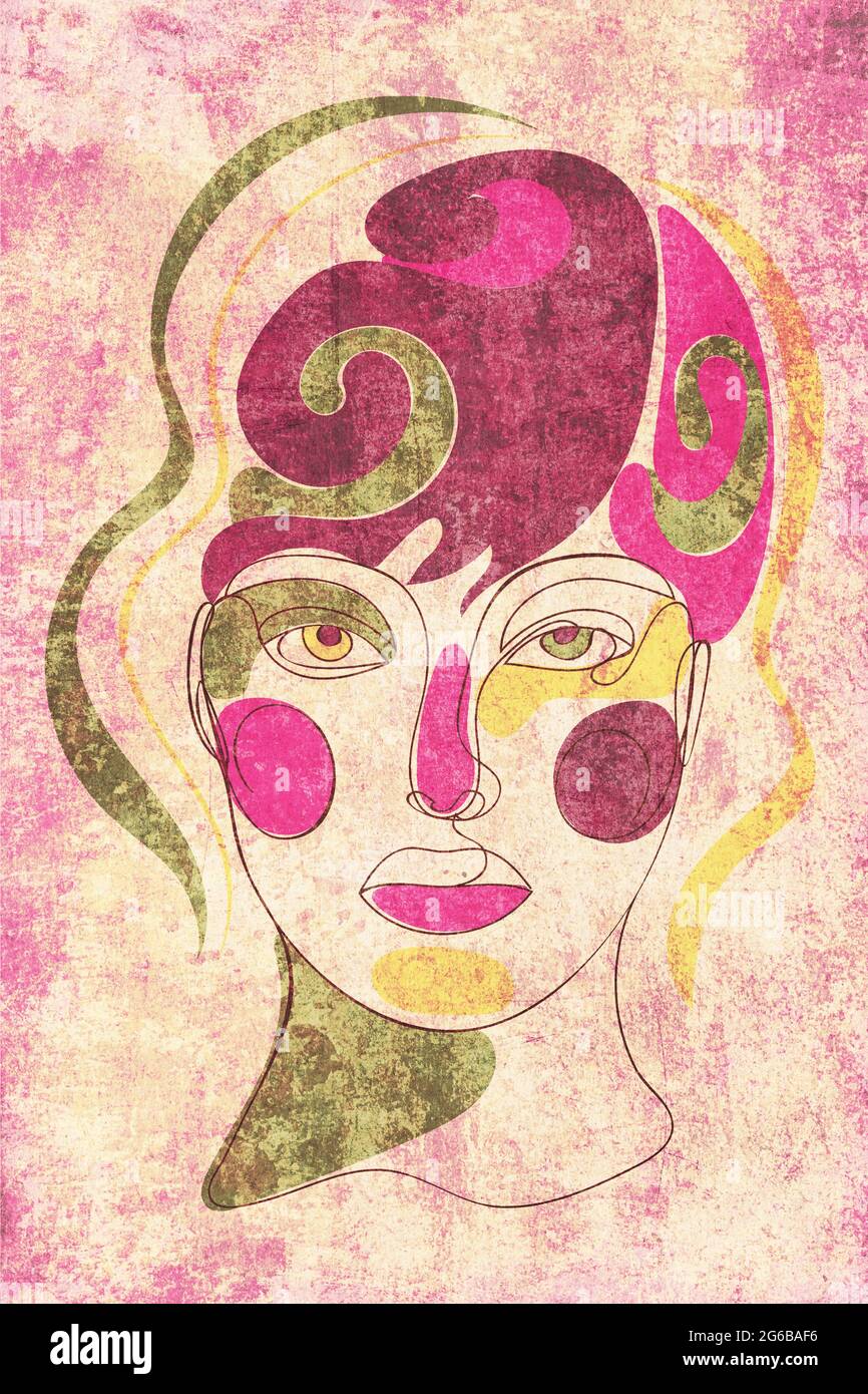 Contemporary line art style female portrait with colorful abstract ...