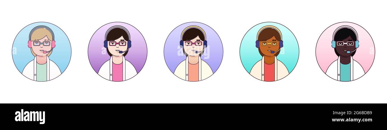 Avatars of women doctor wearing headphone - vector set of diversity portraits. Telemedicine female physicians - flat linear, round frame Stock Vector