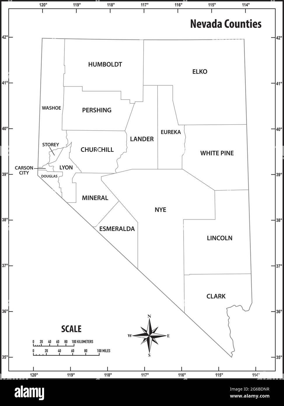 nevada state outline administrative and political vector map in black and white Stock Vector