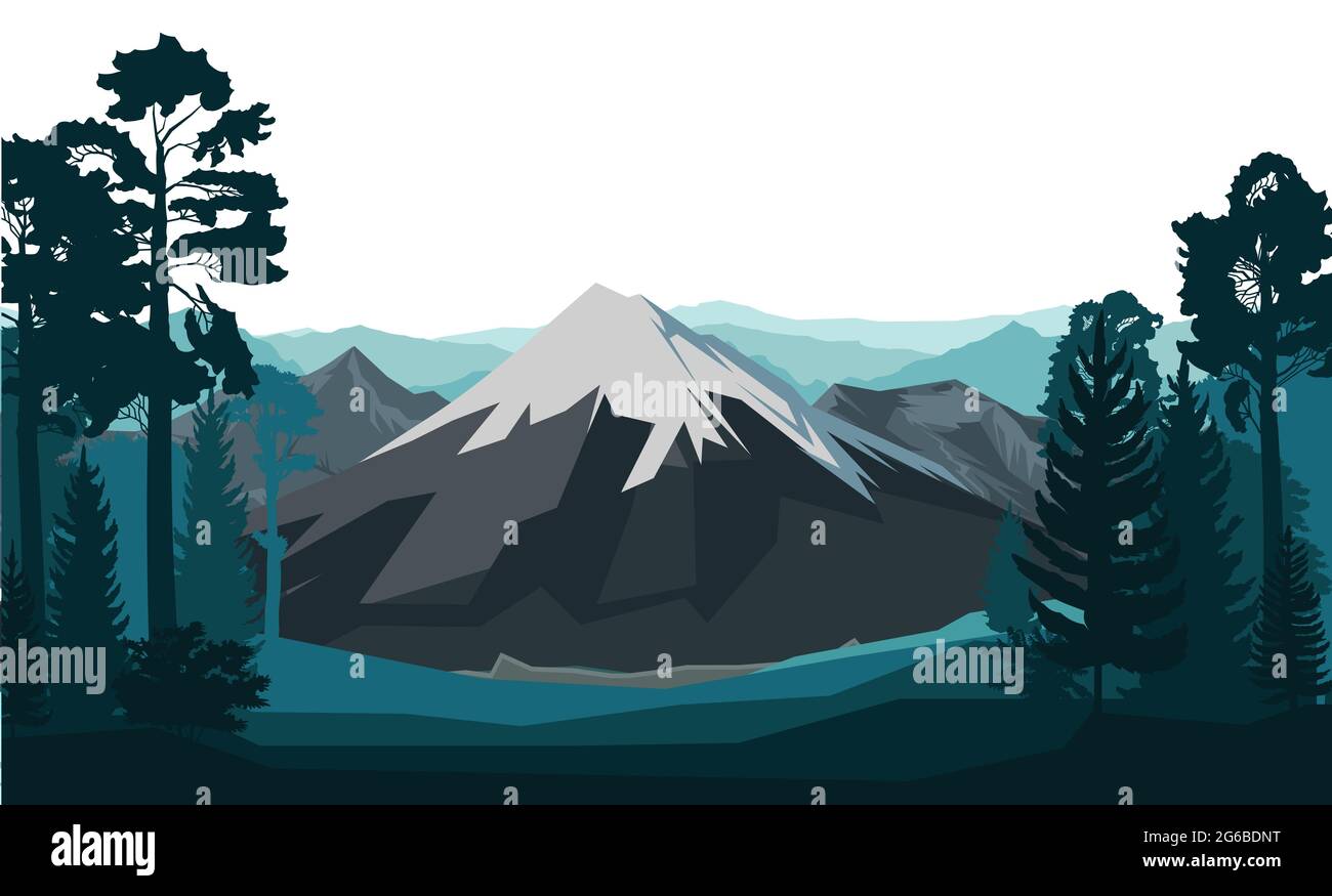 Mountain landscape. The haunted forest. Coniferous and deciduous trees. Silhouette. Isolated on a white background. Mountains, rocks on the horizon. v Stock Vector