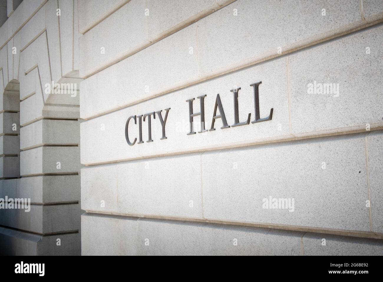 Close-up of City Hall sign on a wall, Los Angeles, California, USA Stock Photo