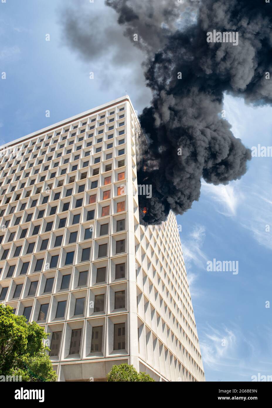 Black smoke from a fire in a skyscraper, City Hall, Los Angeles, California, USA Stock Photo