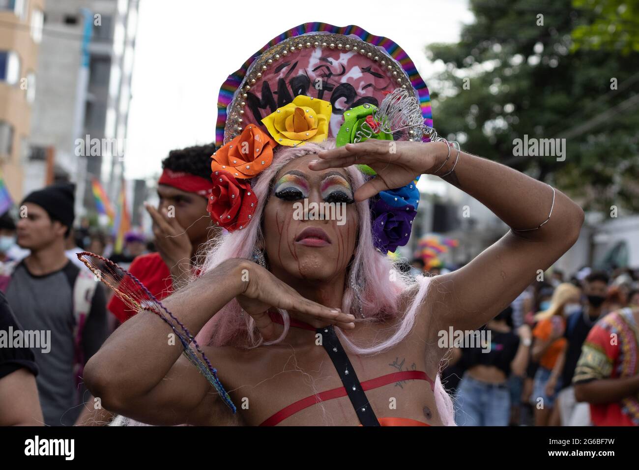 Transexual women, drag men and other members of the LGTBIQ community demonstrate as thousands of members of Barranquilla, Colombia LGTBIQ communities participate in the international pride parade celebrated on June 26, 2021. Stock Photo