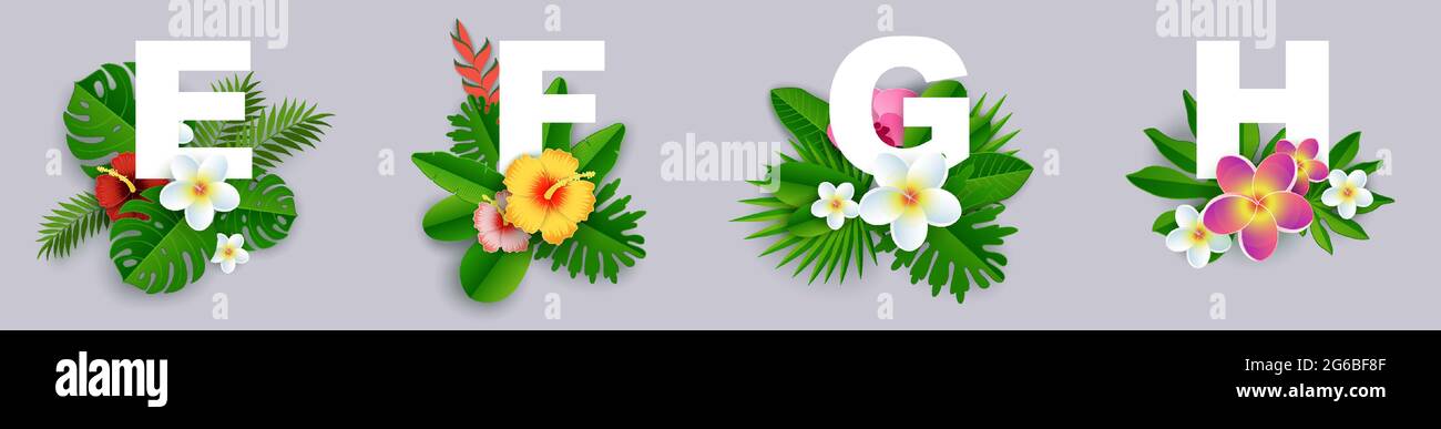 Floral alphabet, vector paper cut illustration. E, F, G, H English capital letters with exotic tropical leaves, flowers. Stock Vector