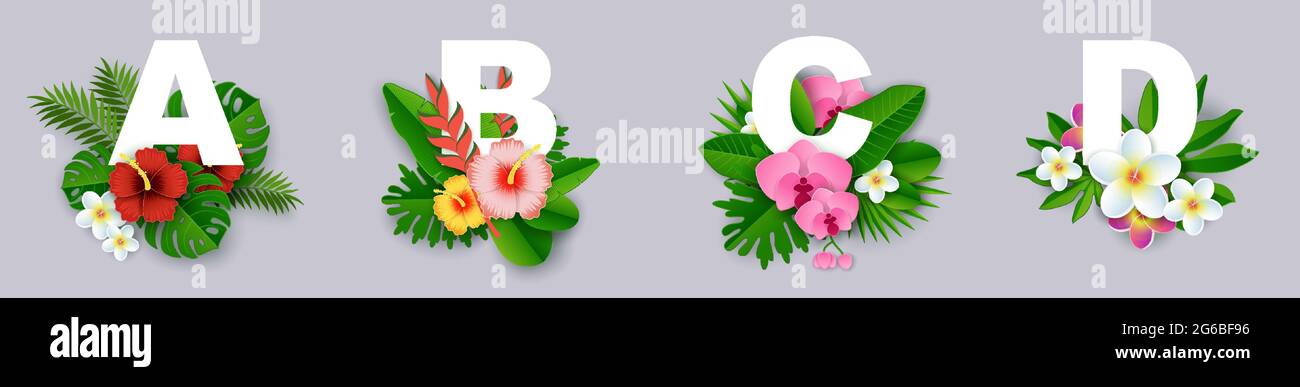 Floral alphabet, vector paper cut illustration. A, B, C, D letters with beautiful exotic tropical leaves and flowers. Stock Vector