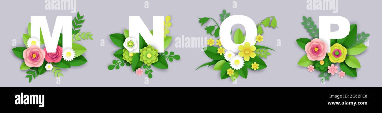 Floral alphabet, vector paper cut illustration. M, N, O, P English capital letters with exotic tropical leaves, flowers. Stock Vector