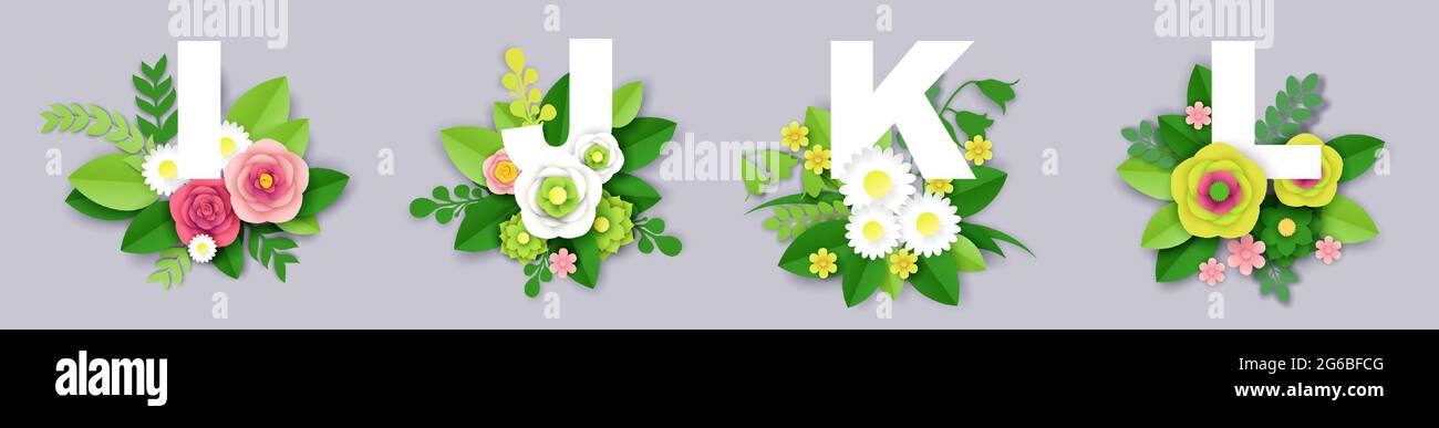 Floral alphabet, vector paper cut illustration. I, J, K, L English capital letters with exotic tropical leaves, flowers. Stock Vector