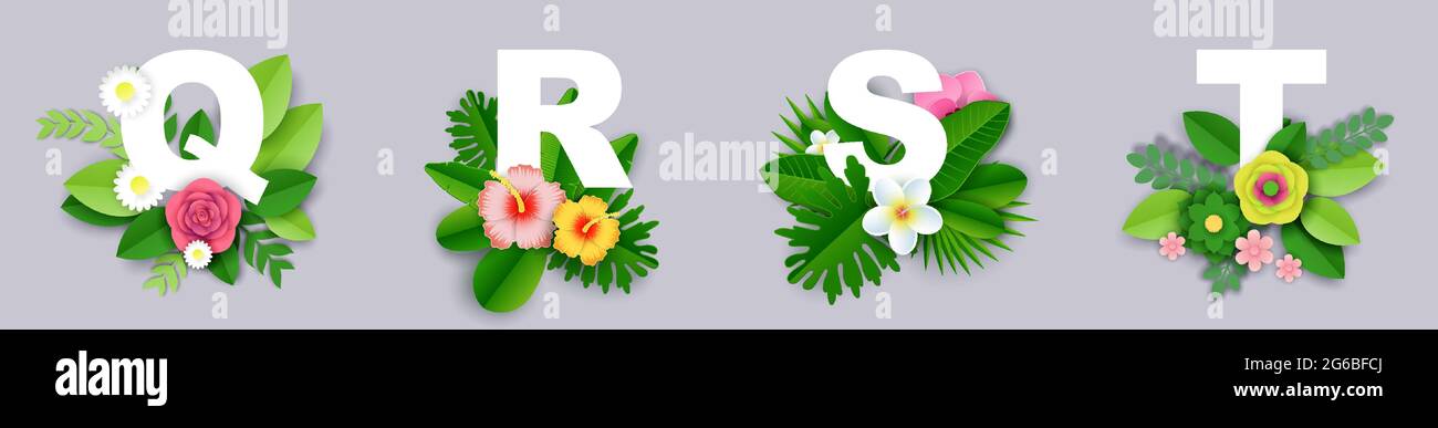Floral alphabet, vector paper cut illustration. Q, R, S, T English capital letters with exotic tropical leaves, flowers. Stock Vector