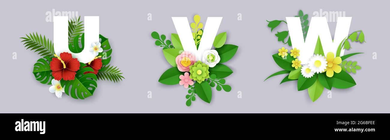 Floral alphabet, vector paper cut illustration. U, V, W English capital letters with exotic tropical leaves and flowers. Stock Vector