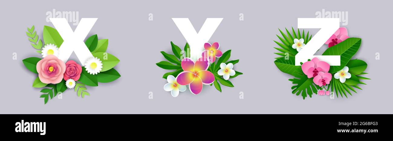Floral alphabet, vector paper cut illustration. X, Y, Z English capital letters with exotic tropical leaves and flowers. Stock Vector