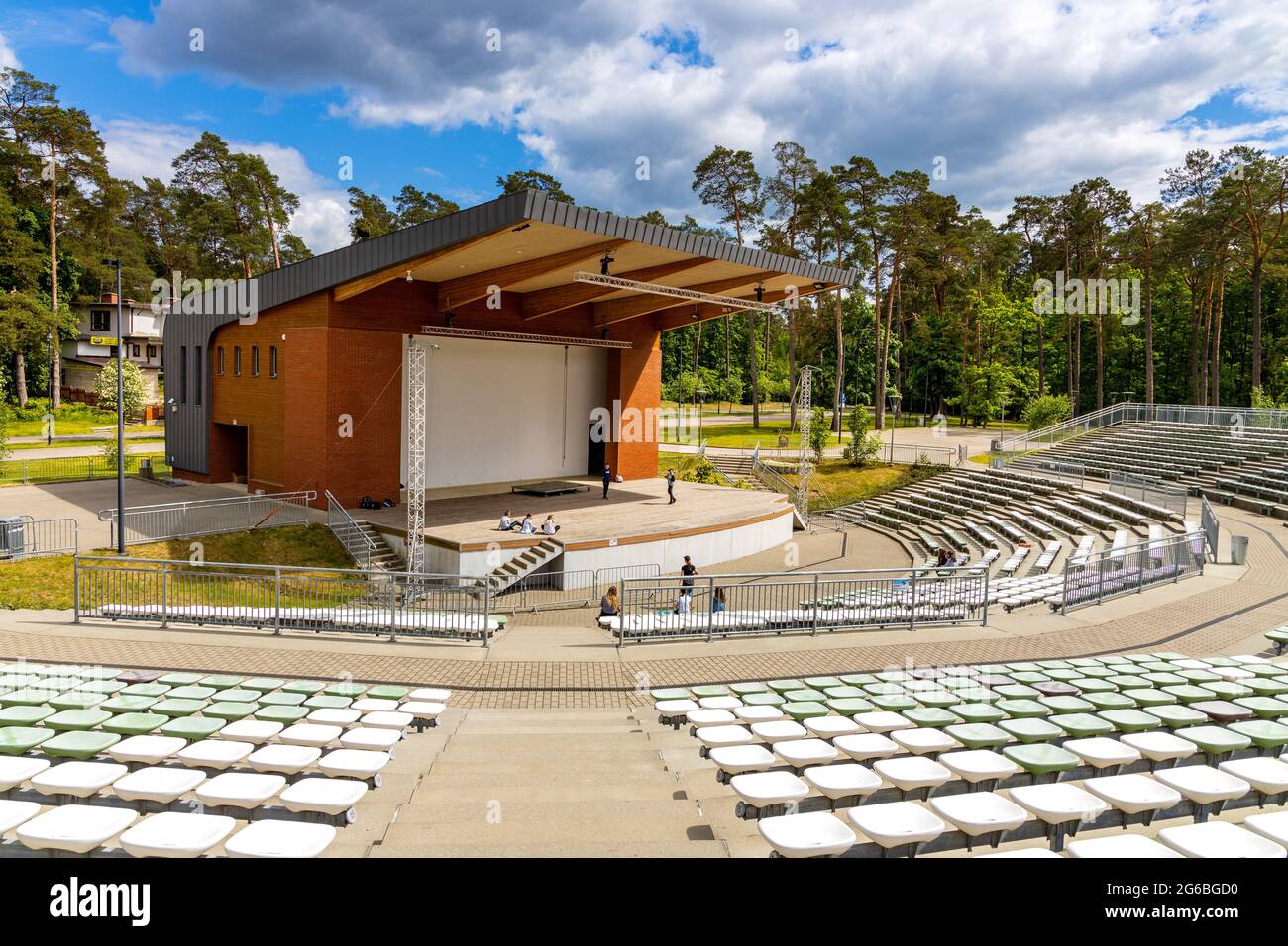 Augustow, Poland - June 1, 2021: Open air amphitheater performance stage on shore of Necko lake in Masuria lake district resort town of Augustow Stock Photo