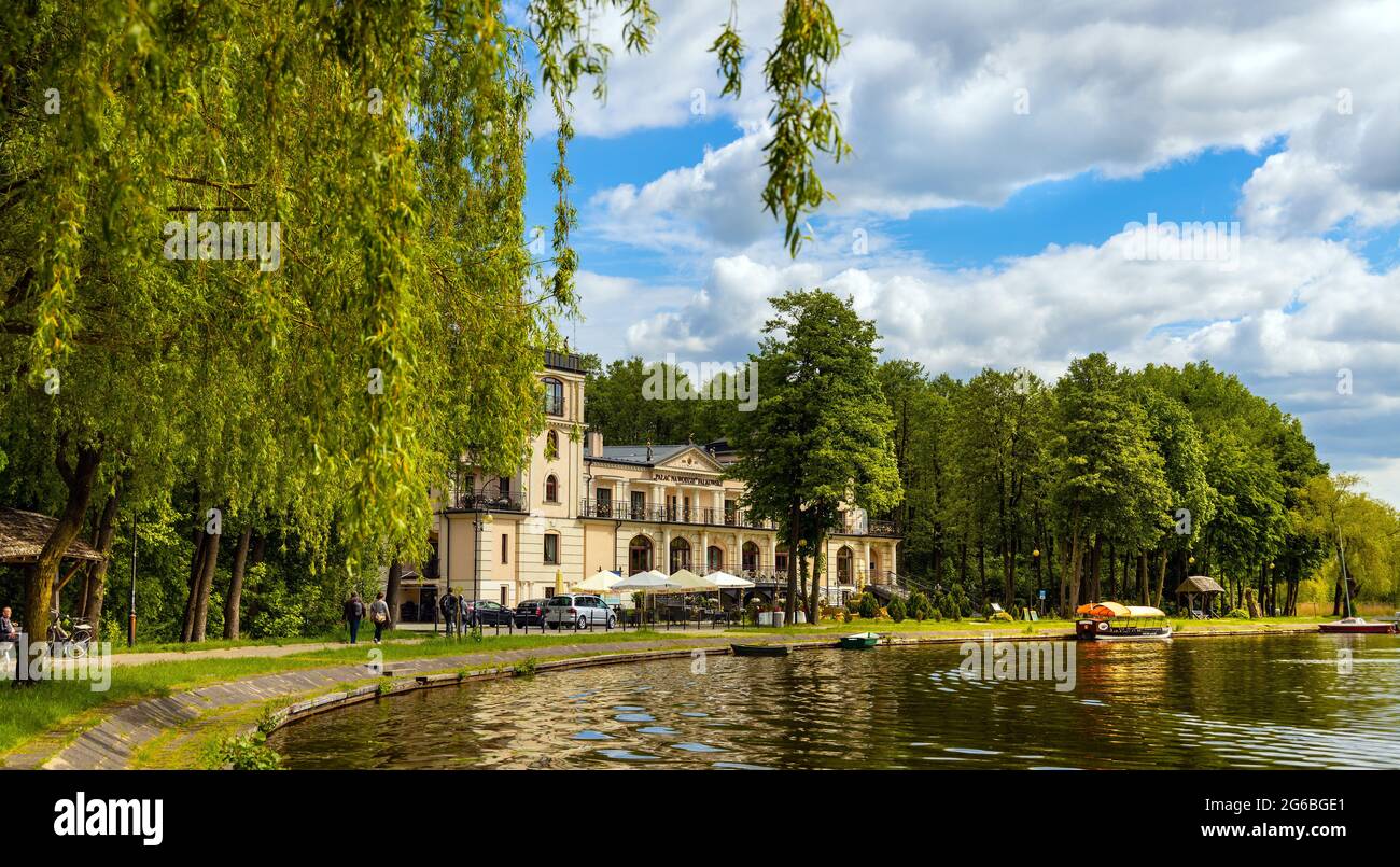 Augustow, Poland - June 1, 2021: Palac na Wodzie - On Water Palace resort on shore of Netta river and Necko lake in Masuria resort town of Augustow Stock Photo