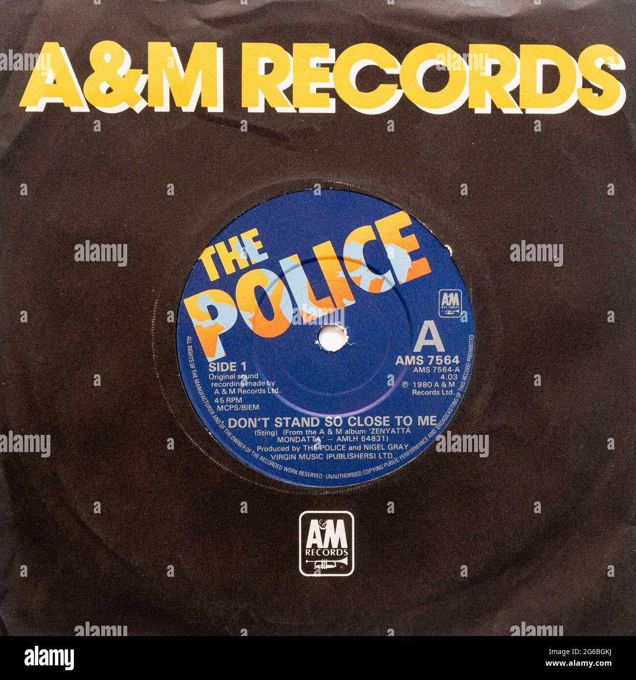 Don't stand so close to me by The Police, a stock photo of the 7' single vinyl 45 rpm record Stock Photo