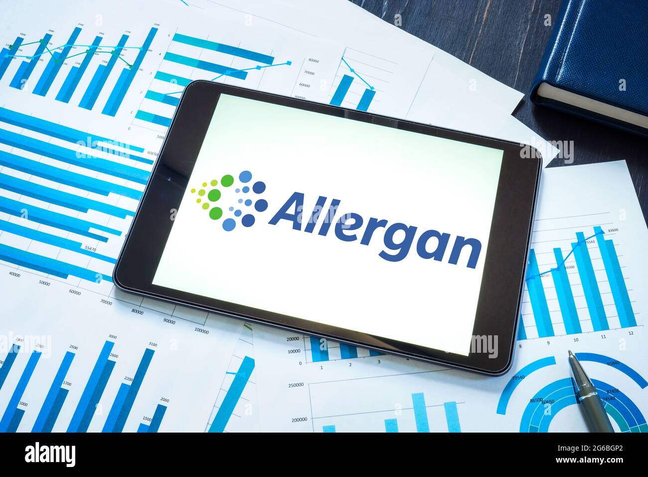 KYIV, UKRAINE - June 30, 2021. Tablet with allergan logo on the table. Stock Photo