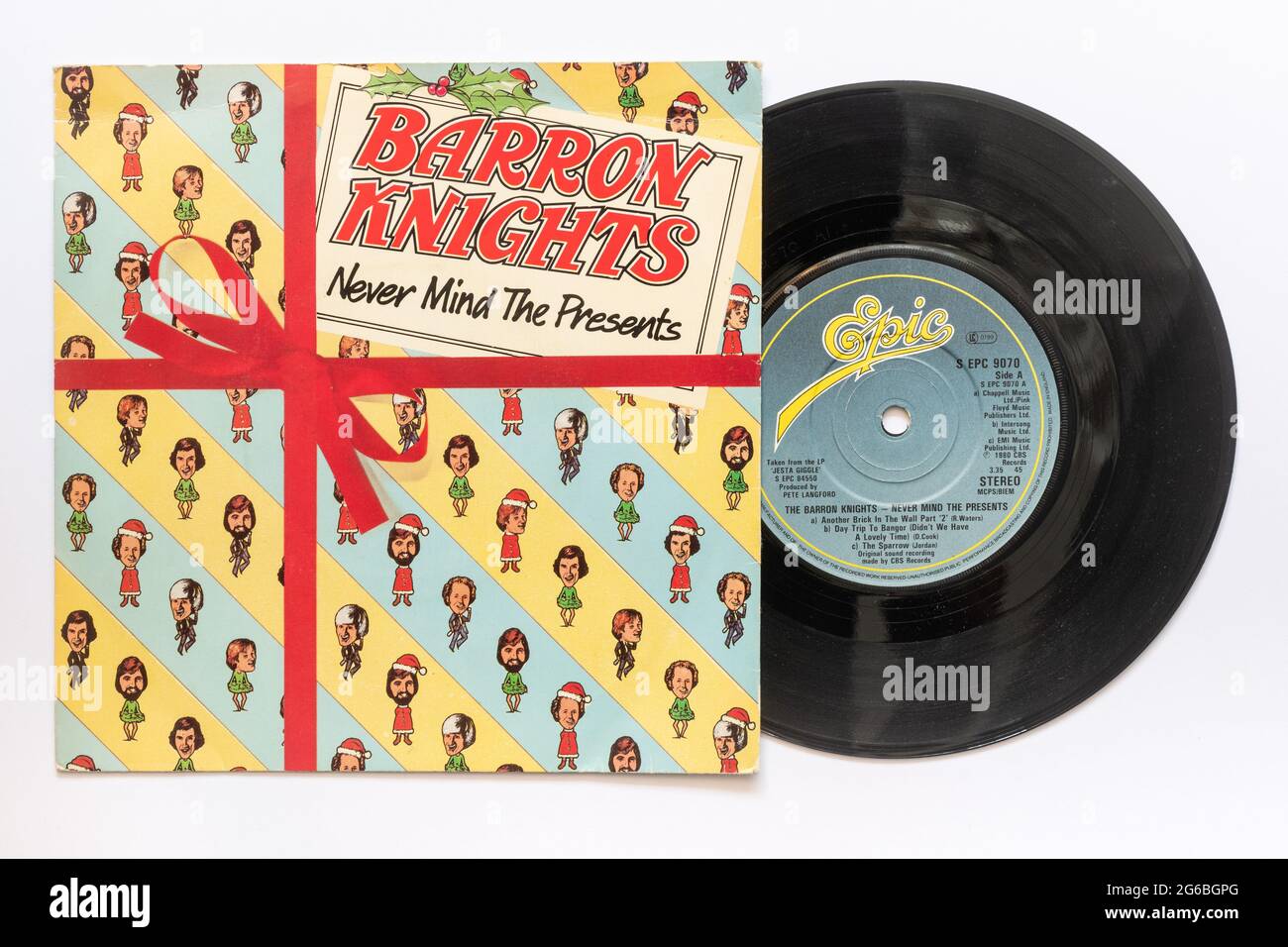 Never mind the presents by the Barron Knights pop group, a stock photo of the 7' single vinyl 45 rpm record in picture sleeve Stock Photo