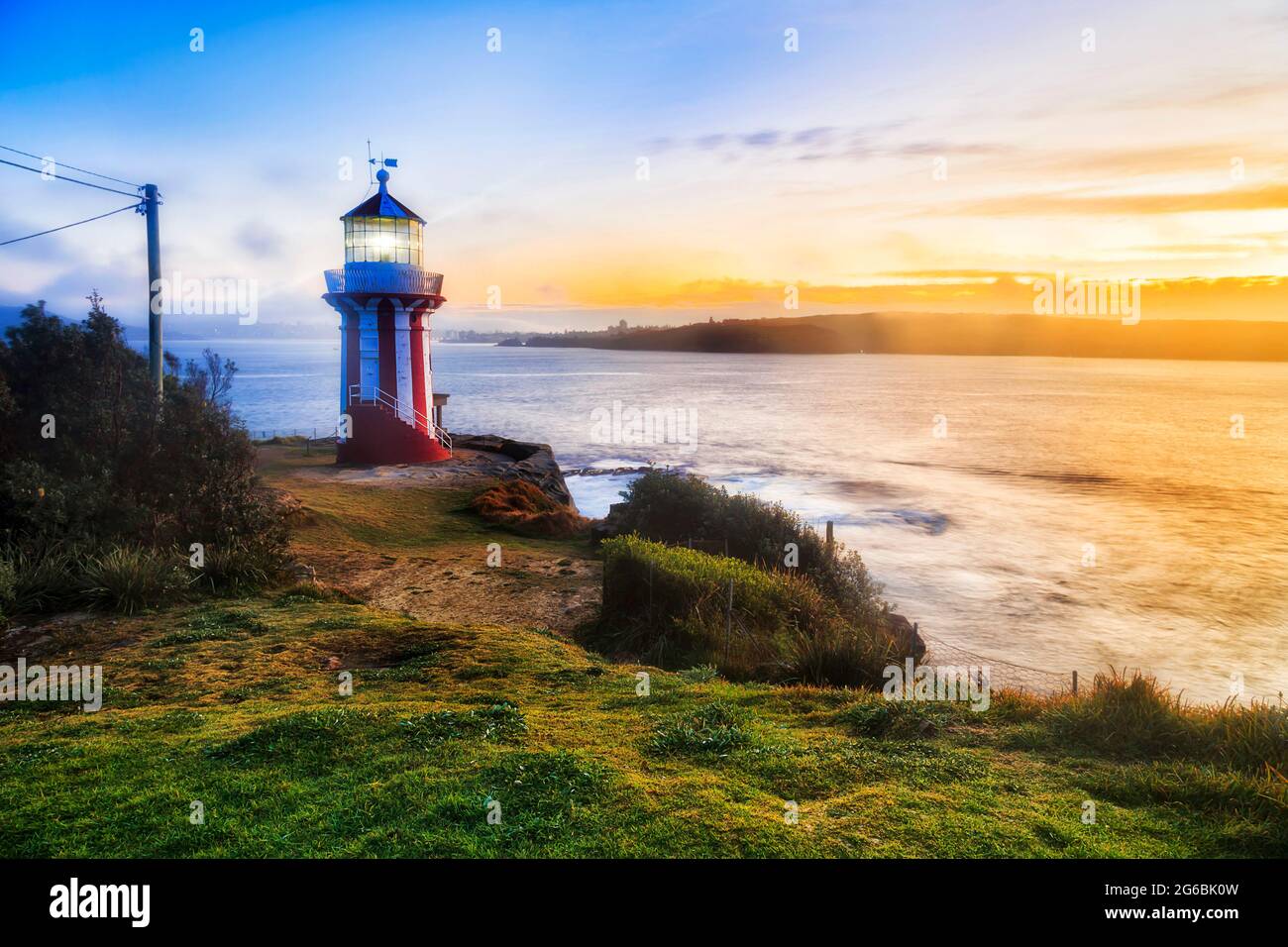 Erected Hornby lighthouse on a cliff of the SOuth head at the entrance to Sydney Harbour, Pacific coast of Australia. Stock Photo