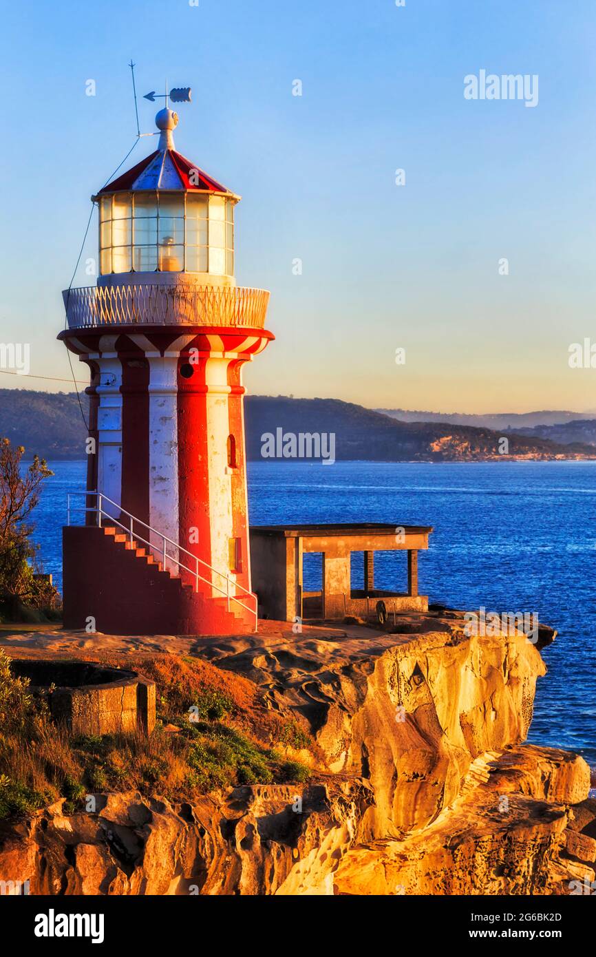Historic striped Hornby lighthouse on the South Head at the entrance to Sydney Harbour, Pacific ocean coast, Australia. Stock Photo