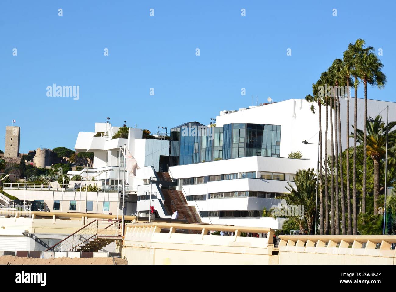 France, Cannes, the Suquet hill and the festival palace where takes place each year the famous International Film Festival. Stock Photo