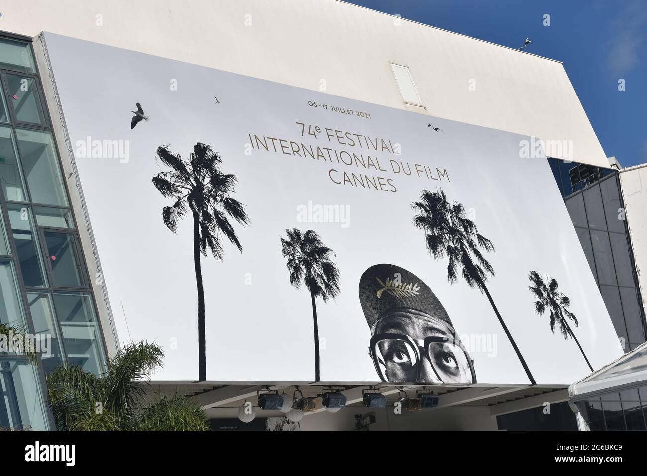 France, Cannes, the offcial poster for the 74th International Film Festival on the Festival palace, this year the artist chosen is Spike Lee. Stock Photo