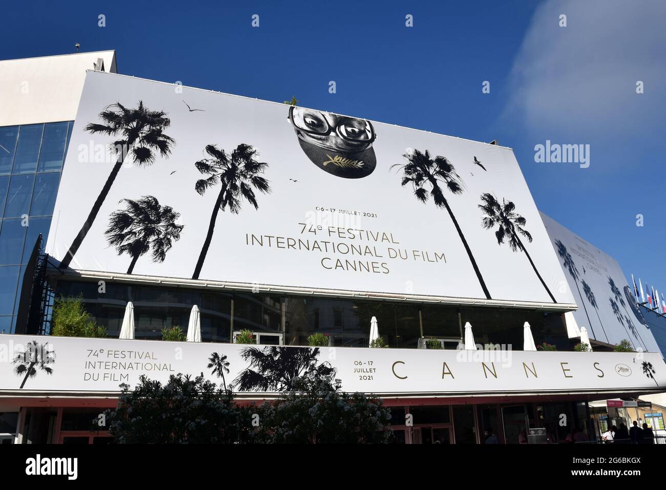 France, Cannes, the official poster for the 74th Internatioanl Film Festival on the Festival Palace. The artist chosen this year is Spike Lee. Stock Photo
