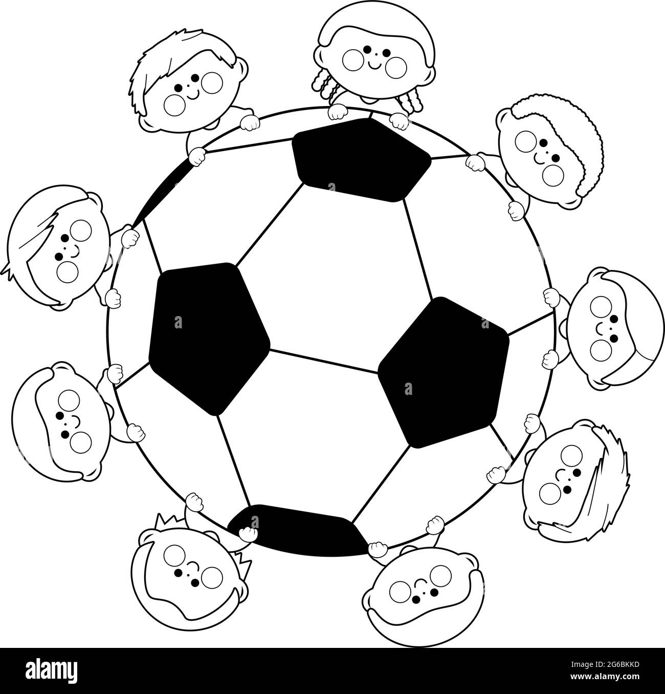 Soccer ball and children soccer team. Vector black and white coloring page Stock Vector