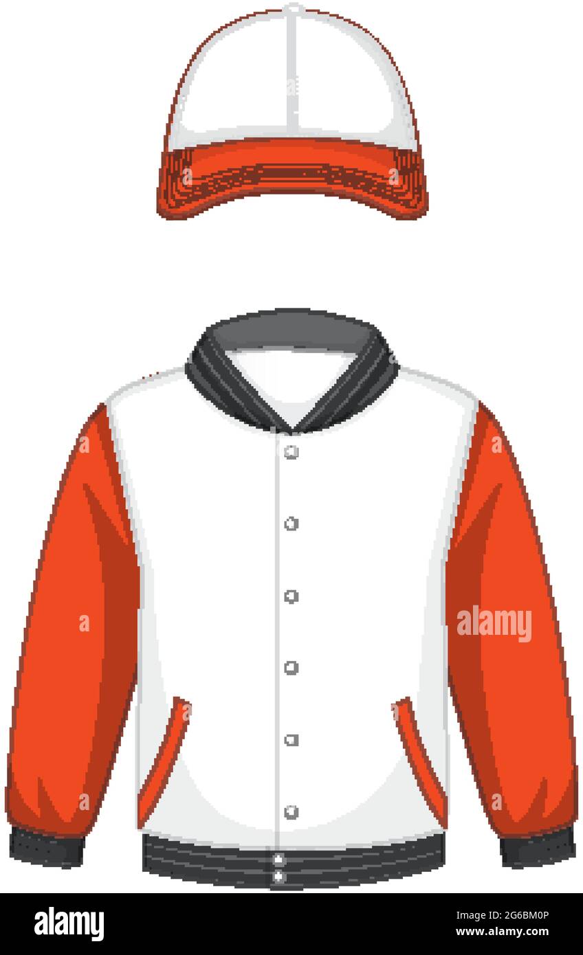 Front of basic white and orange bomber jacket and cap isolated illustration Stock Vector