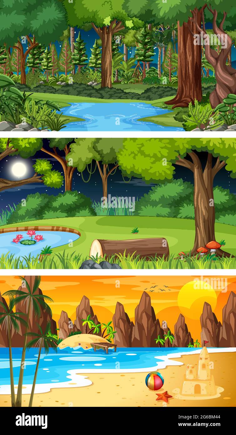 Three different nature horizontal scenes illustration Stock Vector