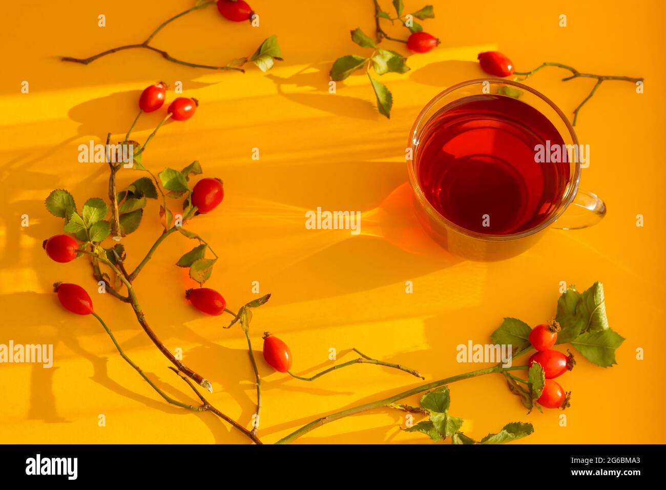 Rosehip tea on an orange background top view. Useful herbal tea as an excellent antioxidant. The concept of prevention of influenza, colds. Alternativ Stock Photo