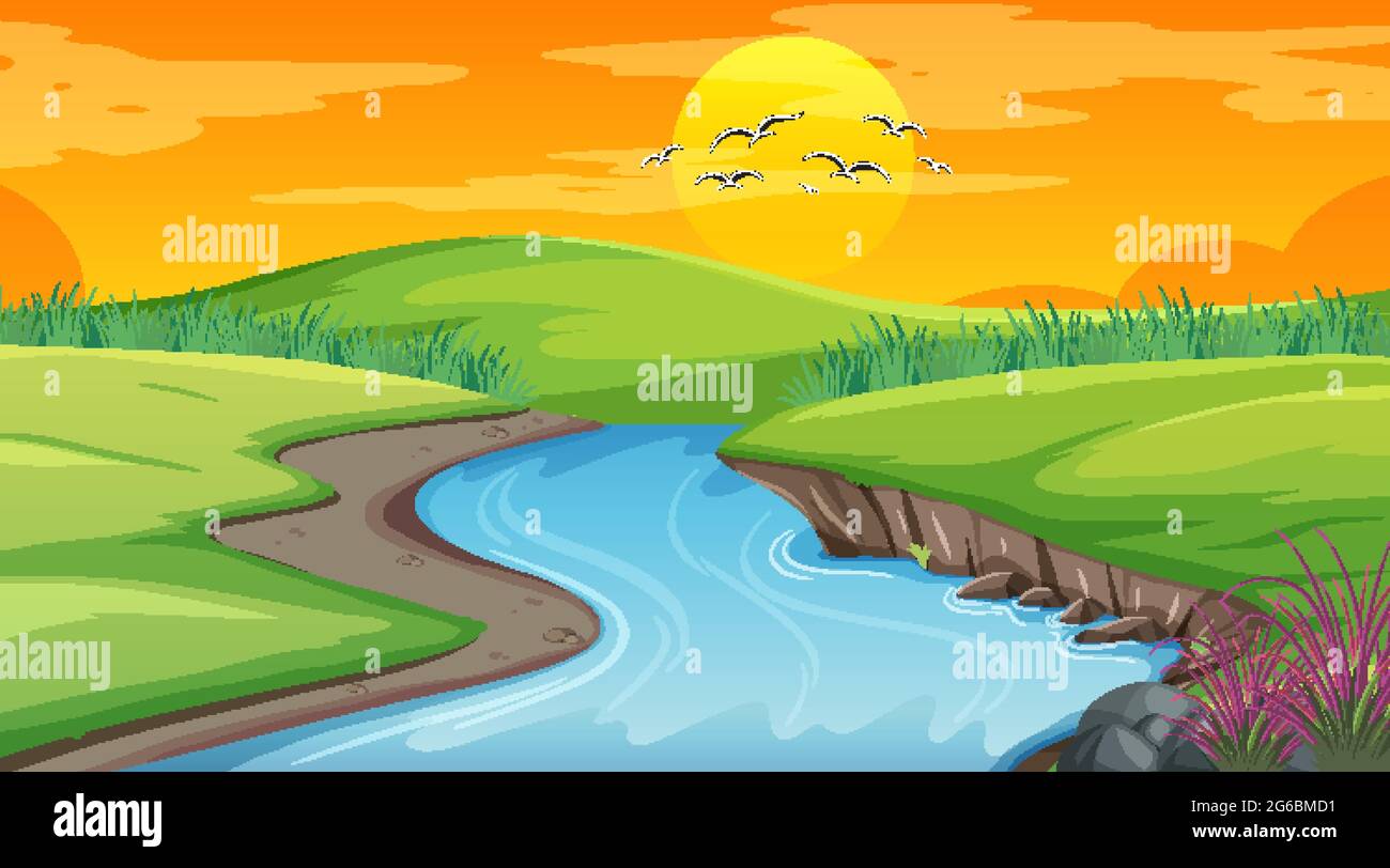 Landscape scene of forest with river and many trees illustration Stock ...