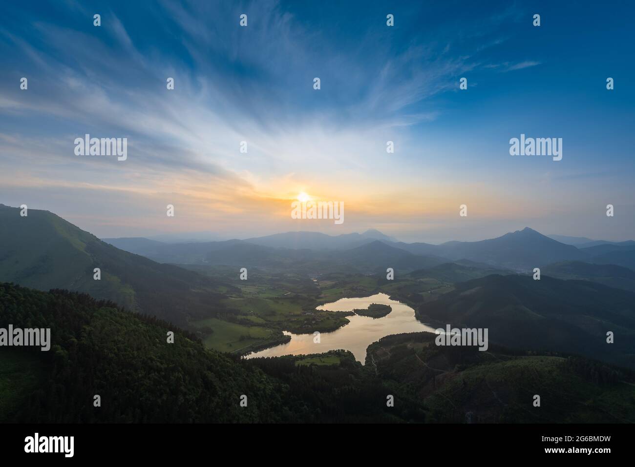 Urkulu reservoir from Orkatzategi mountain at sunset, Guipuzcoa, Spain Stock Photo