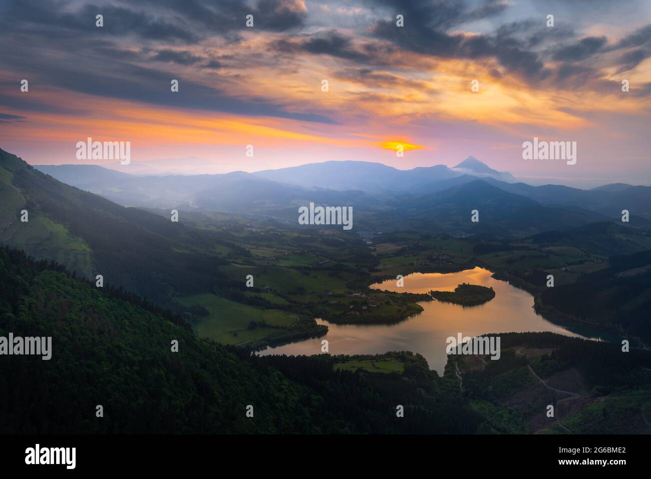 Urkulu reservoir from Orkatzategi mountain at sunset, Guipuzcoa, Spain Stock Photo