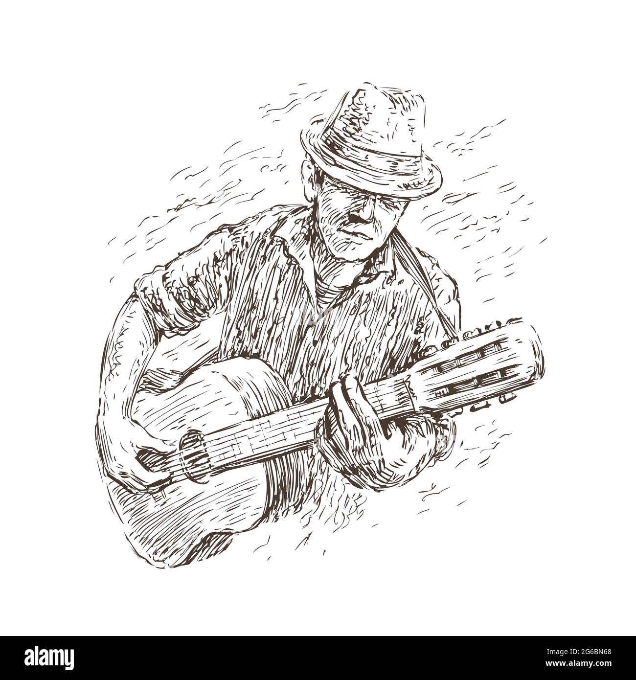 Man playing guitar. Live music, jazz festival concept in sketch vintage style Stock Vector