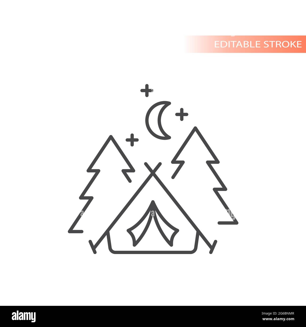 Tent with trees and moon line vector icon. Camping outline, editable