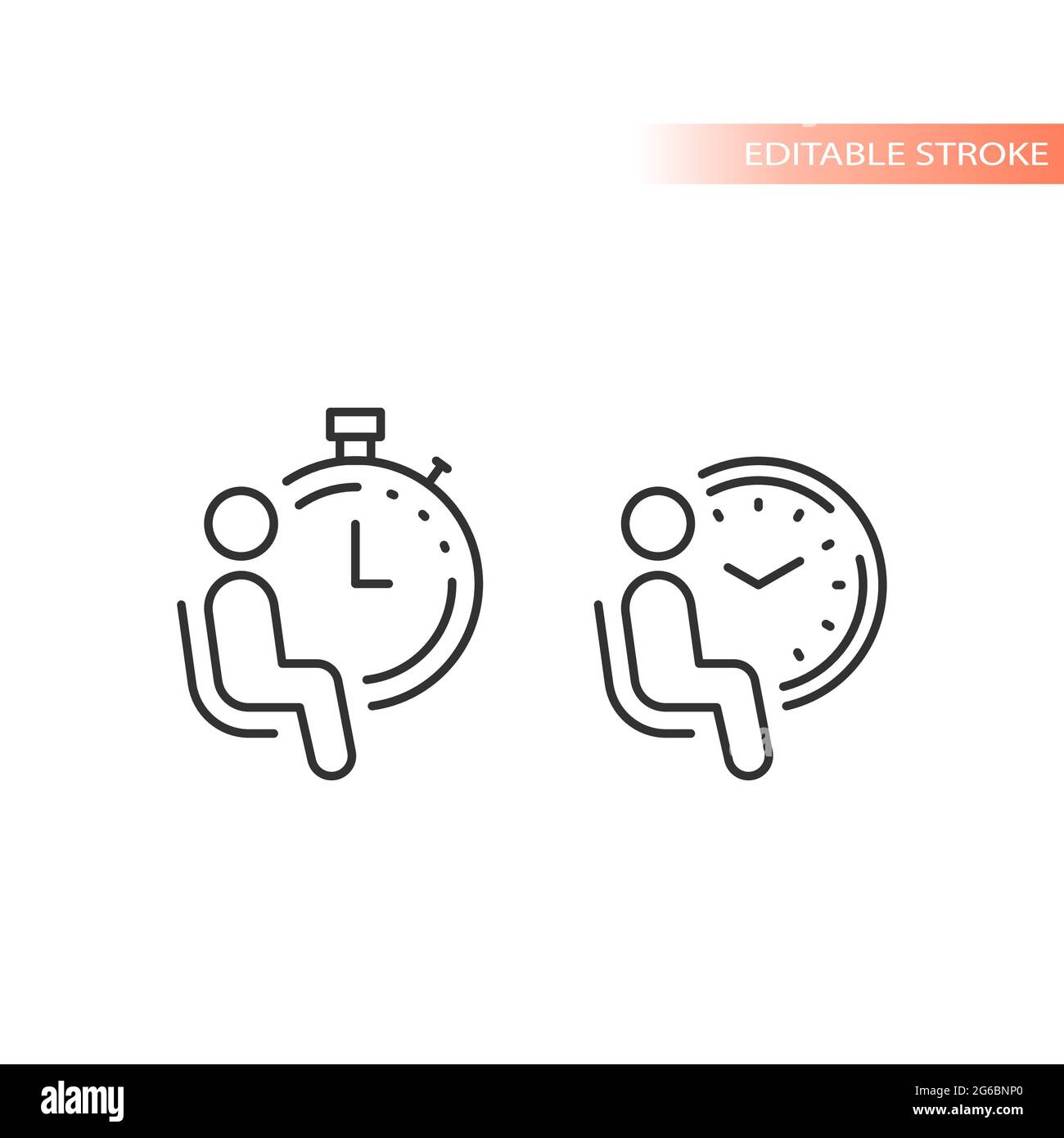 Waiting room line vector icon. Man sitting in a chair with a clock outline, editable stroke. Stock Vector