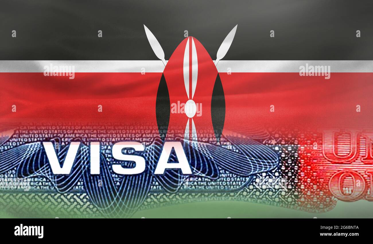 United States of America Visa Document, with Kenya flag in the background. Stock Photo